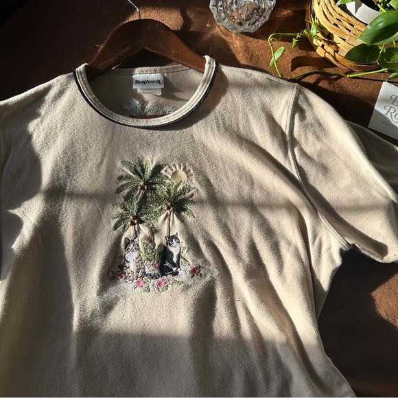 Vintage BonWorth Beige Embroidery Cat & Palm Beachy Top Boho Women’s Medium - Picture 3 of 12